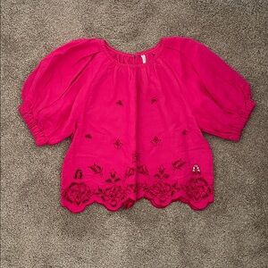 Anthropologie Hot Pink Embroidered Linen Blend Peasant Blouse Top Small
